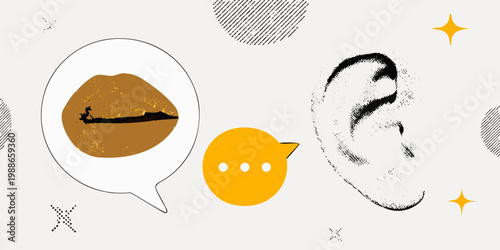 An ear listens to a story told within a speech bubble