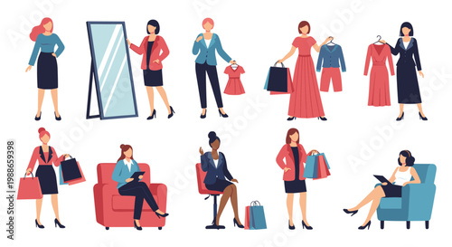 Collection of women in various fashion and shopping activities like trying on clothes, holding bags, and sitting in chairs.
