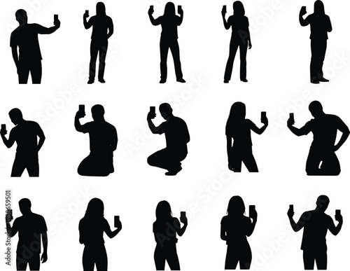 Set of fifteen black silhouettes featuring men and women standing and crouching while taking selfies or holding smart mobile phones.