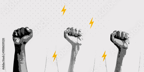 Three fists raised in protest with yellow lightning bolt graphics