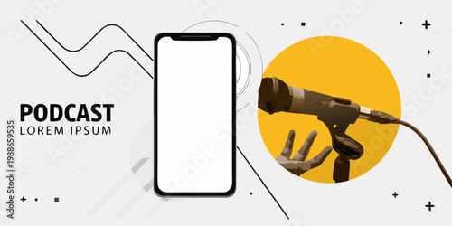 Podcast concept with smartphone mockup microphone and abstract graphic elements