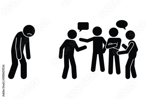 A group of stick figures interacting one isolated and appearing dejected silhouette