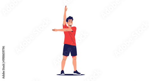 Young man in red t-shirt and dark shorts performing arm stretches as part of a warm up routine against white background.
