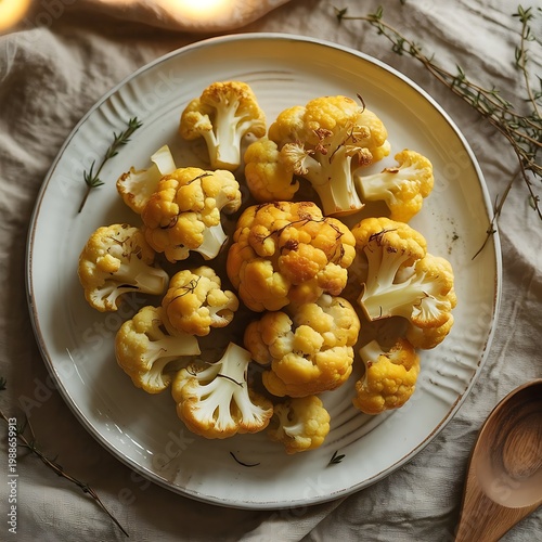 Roasted cauliflower on a white ceramic plate, a plate with golden fried cauliflower florets on a natural linen tablecloth, top view