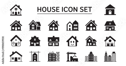 Collection of modern and classic house icons representing residential buildings in various architectural styles.