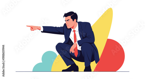 Angry businessman in a suit crouching down and pointing sternly with his finger against a colorful abstract background.