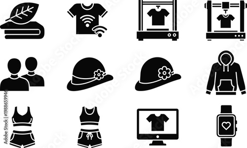 Set of twelve black vector icons representing smart clothing technology, eco friendly fashion, digital printed apparel, activewear, and online shopping.