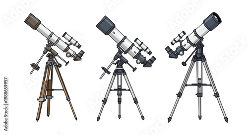 Set of three professional astronomical telescopes on tripods with different sizes and viewing angles isolated on white.