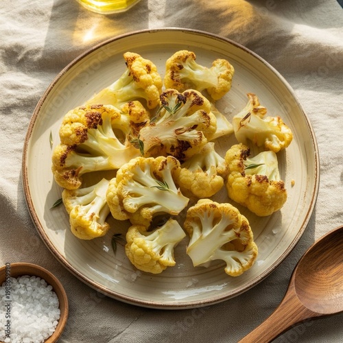 Roasted cauliflower on a white ceramic plate, a plate with golden fried cauliflower florets on a natural linen tablecloth, top view