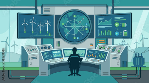 Renewable Energy Operations Room With Turbine and Grid Overview