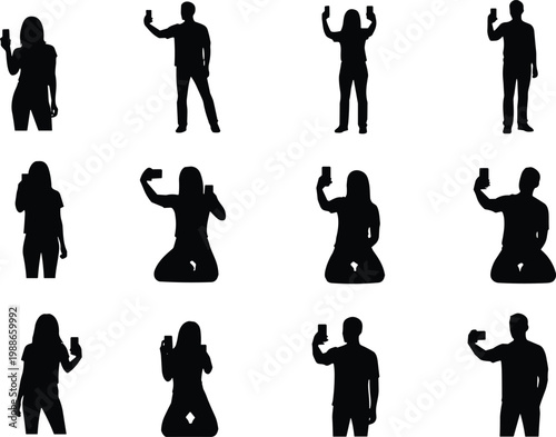 Set of twelve black vector silhouettes featuring men and women standing and kneeling while taking selfies with smart mobile phones.