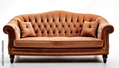Elegant Tufted Sofa with Pillows in Warm Brown Tones.