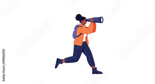 Woman in an orange jacket and backpack running while looking through a blue telescope against a clean white background.