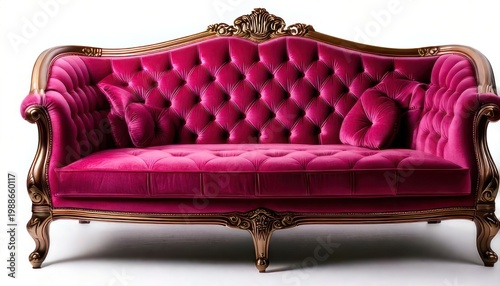 Elegant Tufted Velvet Sofa with Ornate Gold Frame and Pillows.