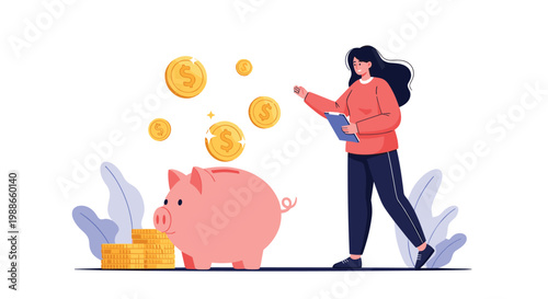 Young woman putting gold coins into a large pink piggy bank representing savings, investment, and financial planning goals.