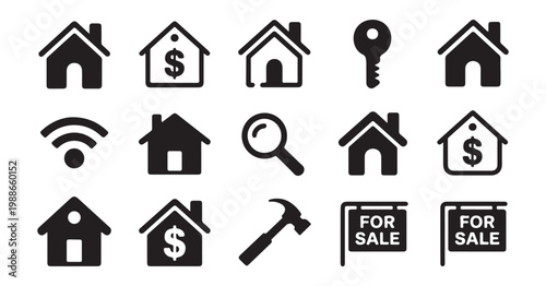 Real estate icon collection with house symbols for sale signs keys and home improvement hammer tools.