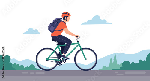 Active young man riding a bicycle through a scenic park with mountains, trees, and clouds on a clear beautiful day.