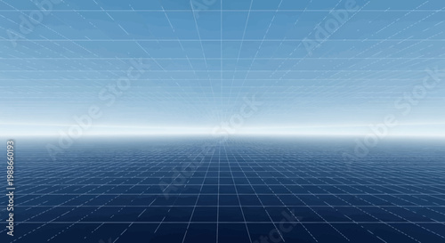 Abstract Digital Grid Horizon with Blue Sky and Water.