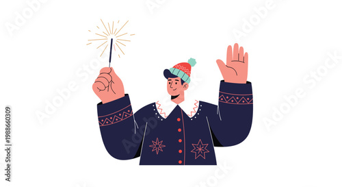 Man wearing a winter sweater and a knit hat holding a glowing sparkler celebrating a special holiday or festive occasion.