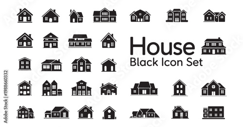Detailed house black icon set featuring complex multi story buildings and large architectural mansions.