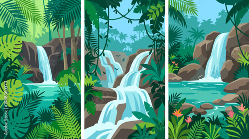 Tropical Jungle Waterfall Panel Background For Banner and Cover