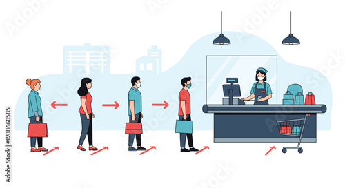 People maintaining social distance in a queue at a supermarket checkout counter with a protected cashier wearing a mask.