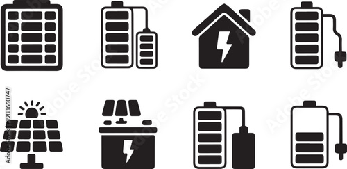 Collection of battery and solar panel icons representing energy storage power supply and renewable energy sources isolated on transparent background