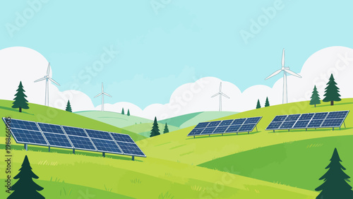 Solar panels and wind turbines in green landscape