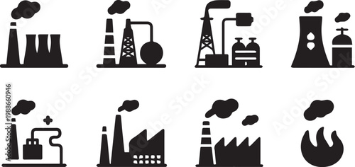 Collection of industrial factory icons power plant pollution energy production pollution and environmental impact silhouettes isolated on transparent background