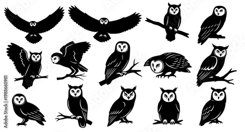 Minimal owl silhouette icon vector set with geometric nocturnal bird designs for modern branding isolated on white