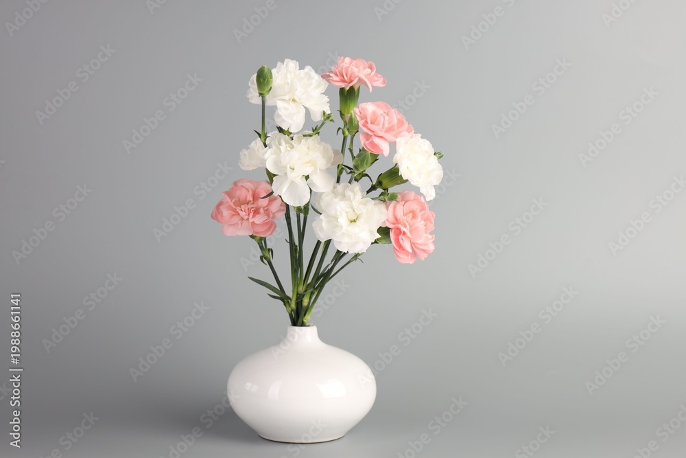 Obraz premium Beautiful carnation flowers in vase on light grey background, space for text