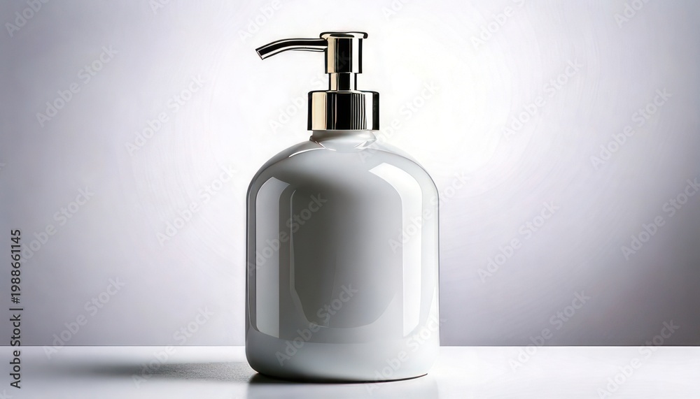 Obraz premium Elegant White Ceramic Soap Dispenser with Chrome Pump on White Surface.