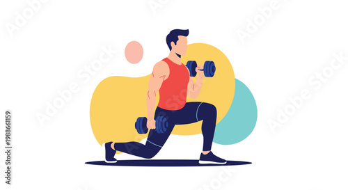 Fit man performing lunges while lifting heavy dumbbells during a workout session against an abstract background.