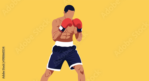Muscular male boxer in a focused stance wearing blue shorts and red boxing gloves against a solid yellow background.