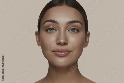 Frontal portrait of a young woman with dark hair, green eyes, and a gentle smile on a beige