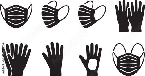 Medical face mask and protective glove icons set silhouette health care equipment safety personal hygiene items collection