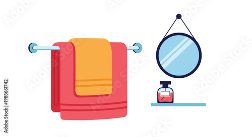 Bathroom interior elements including colorful towels on a rack a round mirror and a perfume bottle on a glass shelf.
