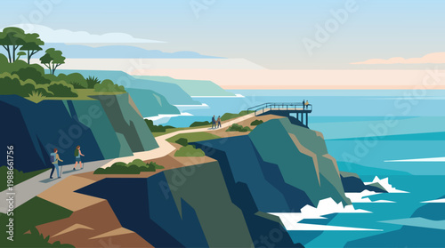 Coastal Cliff Hiking Scene With Lookout Platform
