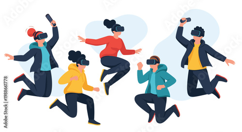 Group of diverse young people having fun and jumping while wearing virtual reality headsets and holding controllers.