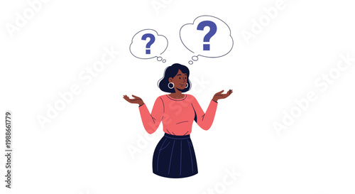 Confused young woman with question marks in thought bubbles shrugging her shoulders as she faces a difficult choice.