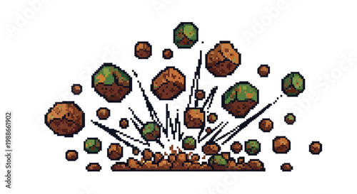 Explosion of colorful geometric rocks and debris.