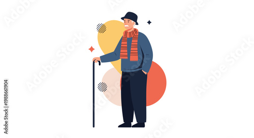 Senior man standing with a walking cane wearing a warm scarf and a hat against an abstract background with shapes and colors.