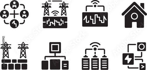 Smart energy grid management and data monitoring icon set featuring electrical infrastructure icons with wireless signals