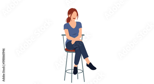 Young woman sitting relaxed on a tall metal bar stool with her legs crossed and a friendly smile in a minimalist environment.