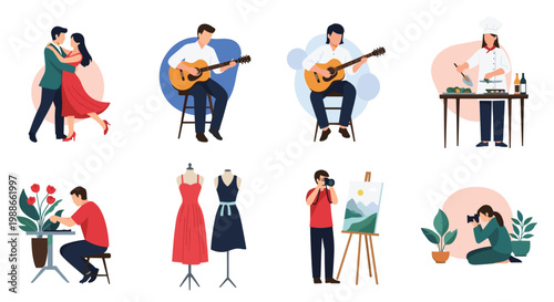 Set of diverse characters engaged in various hobbies and professions such as dancing cooking painting and playing music.