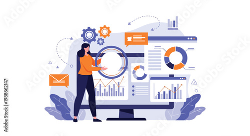 Professional woman managing digital data and business analytics on a large computer screen with charts and gears.