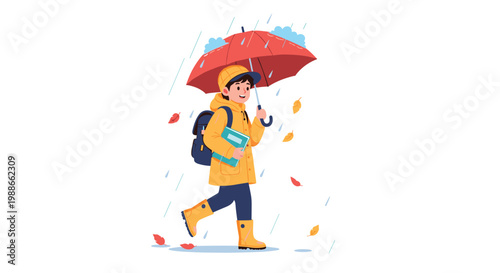 Happy young schoolboy walking through the rain with a red umbrella and a backpack while holding a book for his class.