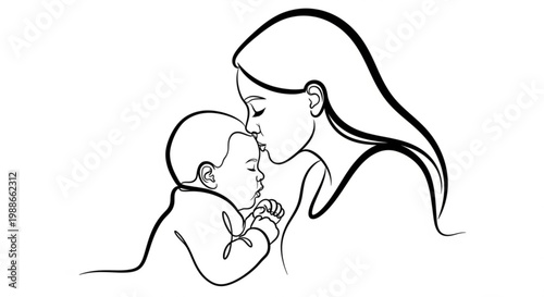 A minimalist line art illustration of a mother kissing her baby on the cheek