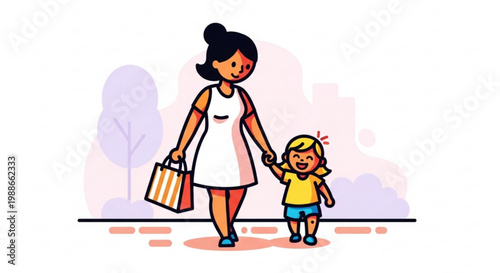 A happy family with a girl and woman carrying shopping bags joins a smiling couple in this colorful vector illustration of people sharing love and fun