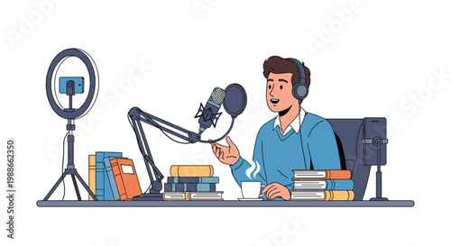 Young man recording a podcast or streaming live with a professional microphone headphones and camera setup.